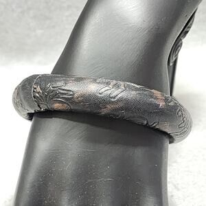 Drk Brown Copper Leather Spider Embossed Wrapped Bangle Bracelet Artisan Vintage